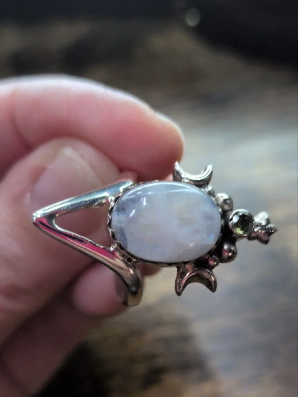 Silver Moonstone and Peridot Statement Ring - Moonlight Glow